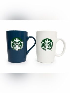 Starbucks Logo Coffee Mug Lot of 2 Blue & White Ceramic Cups 2020 11oz 12oz